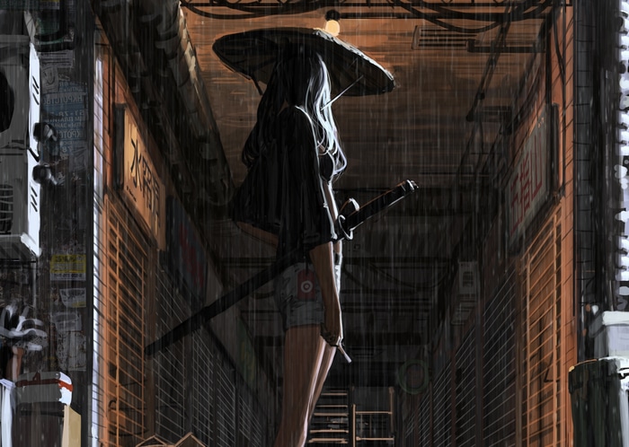 Anime girl with sword in the rain