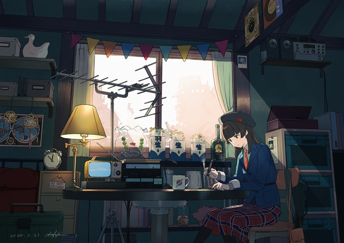 Girl in uniform at a desk with a fishbowl and TV