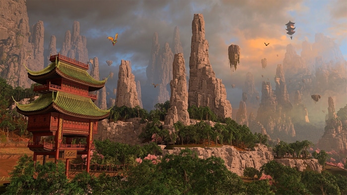 Total War: WARHAMMER III fantasy landscape with pagoda