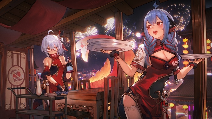 Anime girls in red dresses serving food with fireworks