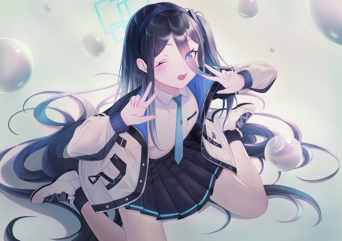 Anime girl with long dark hair winks and makes peace signs