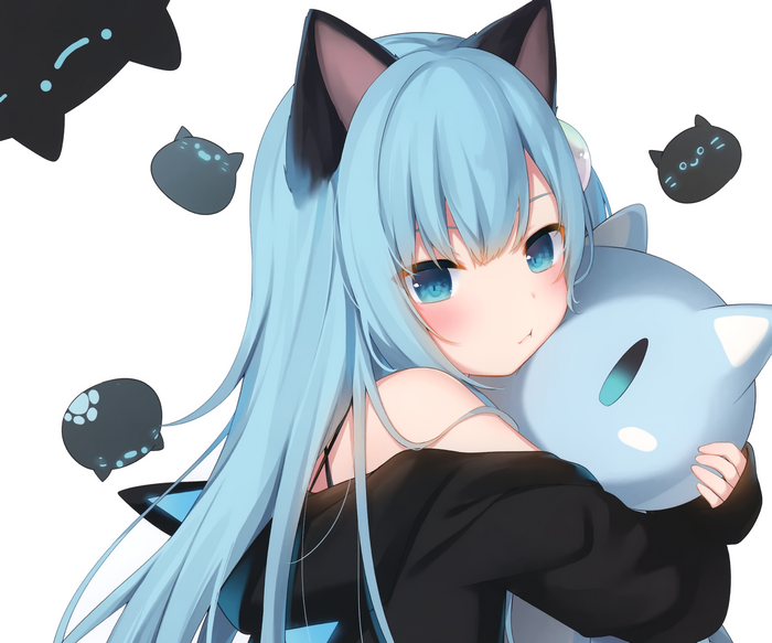 Anime Cat Girl Hugging a Blue Cat Plushie