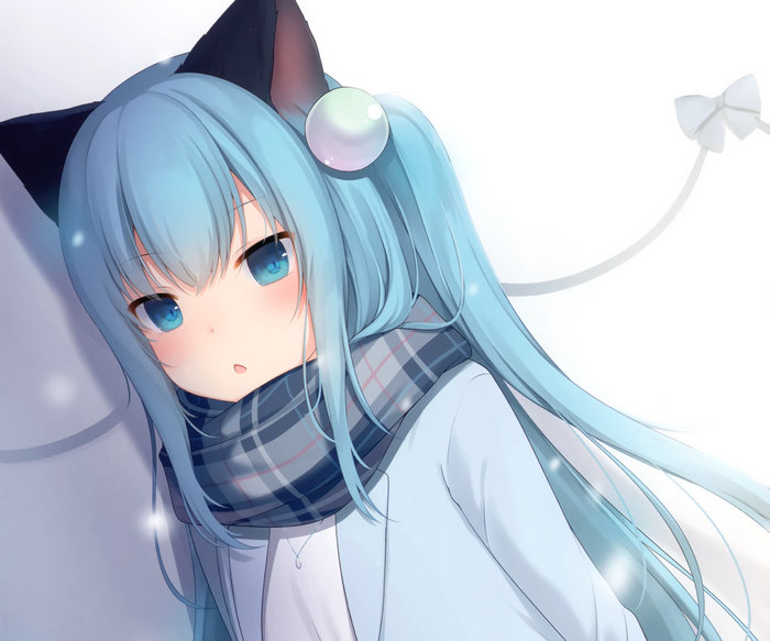 Anime cat girl with blue hair and scarf