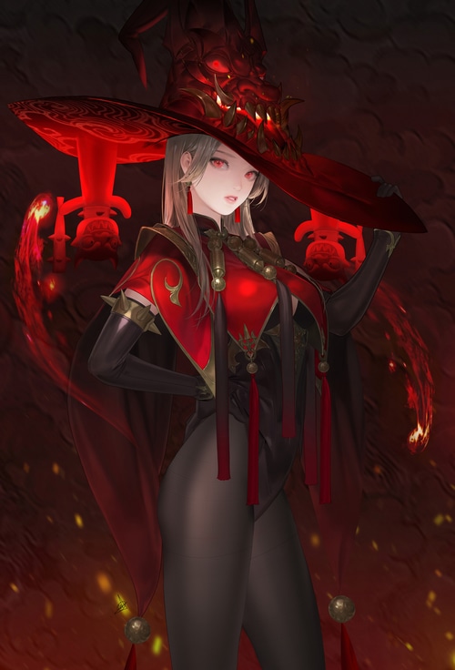 Fantasy girl with red eyes and a dragon hat