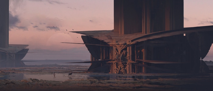 Two figures and a horse near alien structures at sunset