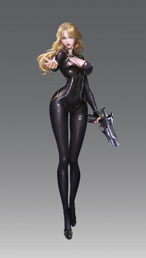 Woman in black latex bodysuit holding a futuristic gun