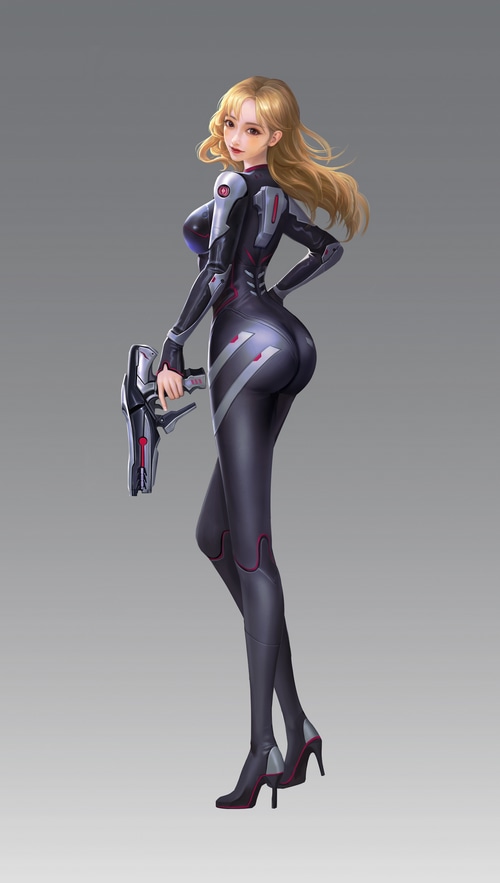 Woman in futuristic suit holding a gun