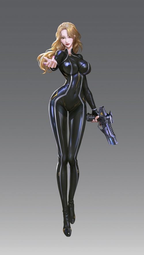 Woman in black bodysuit holding a futuristic gun