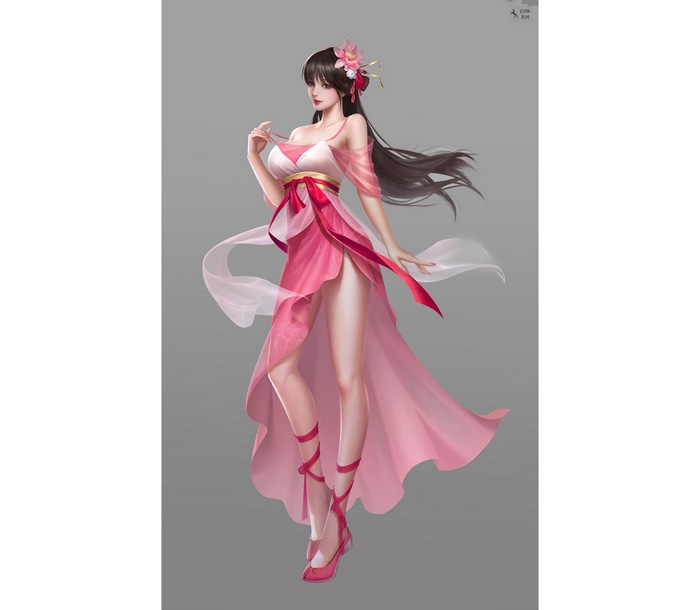 Woman in a pink dress with a flower in her hair