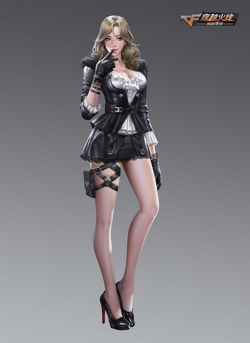 Female character in black outfit with fur collar