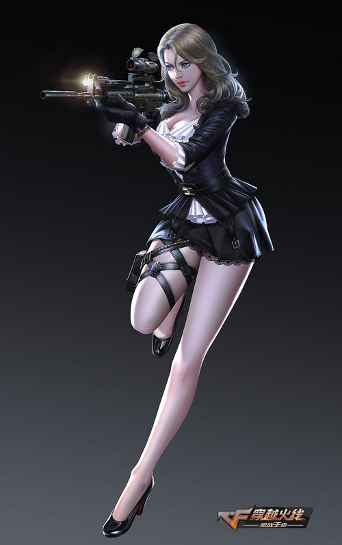 Woman in black outfit holding a rifle