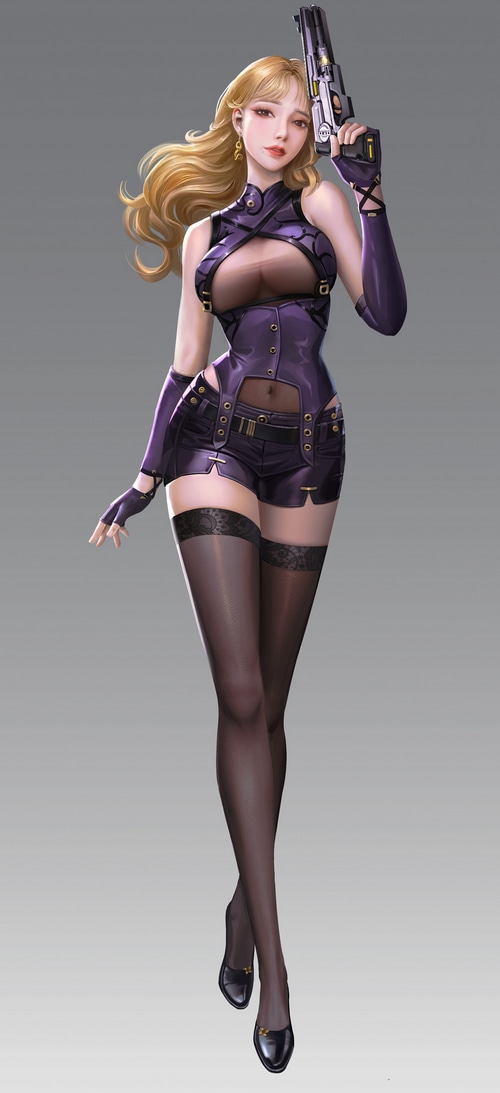 Woman in purple outfit holding a gun