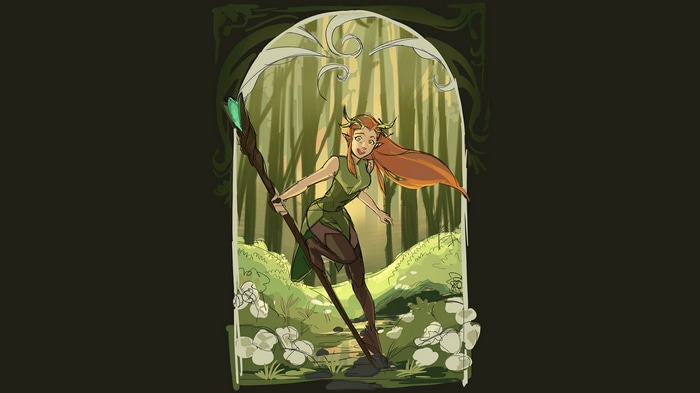 Keyleth from Critical Role holding a staff in a forest