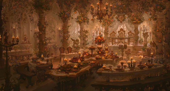 Fantasy dining room with flowers and candles