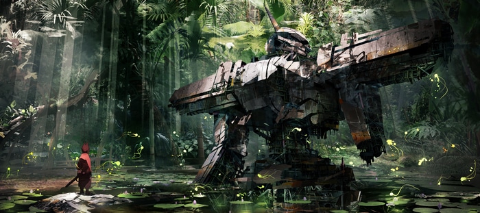 Giant broken robot in a jungle with a person