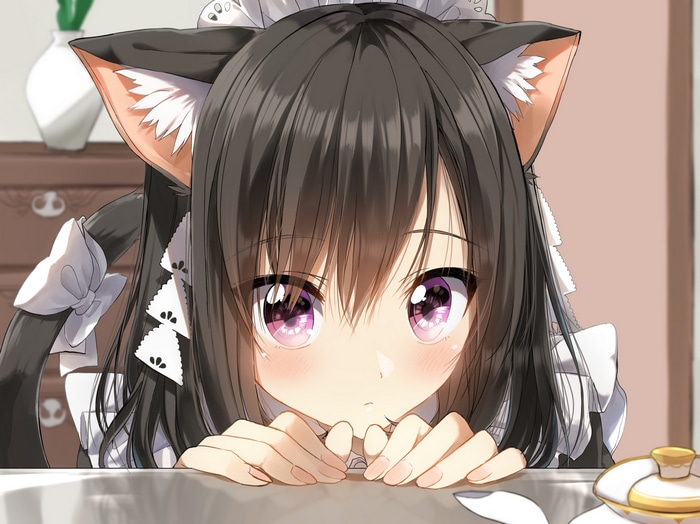 Cat girl in maid outfit looking over a table