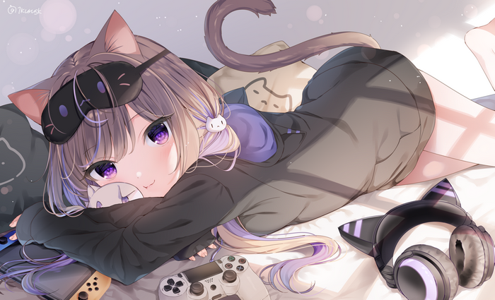 Anime cat girl with purple eyes and headphones