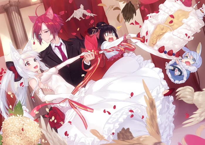 Anime characters in wedding attire with a cake