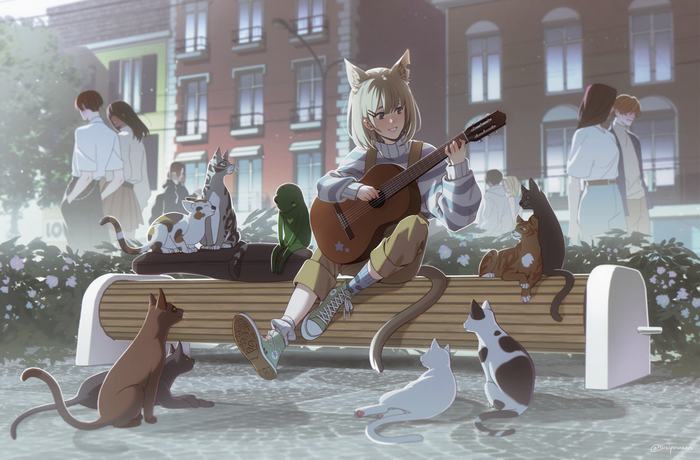 Anime girl playing guitar with cats in a park