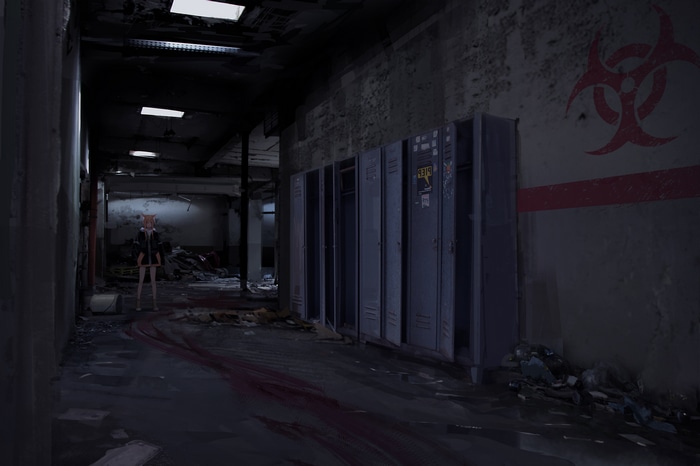 Abandoned hallway with biohazard symbol and blood