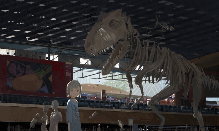 Anime girl and dinosaur skeleton in museum