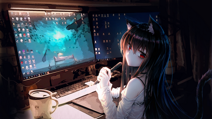 Cat girl working on a computer with a cup of coffee