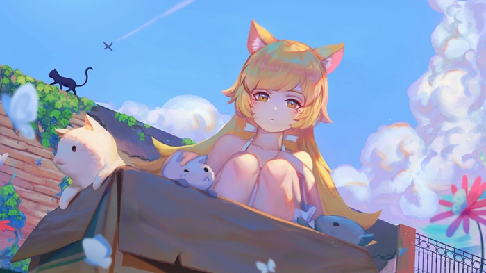 4K anime girl with cat ears and pets