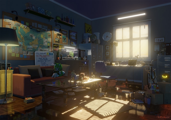 Anime girl in a cluttered room with a map