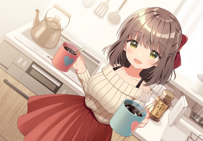 Anime girl holding coffee mugs in a kitchen