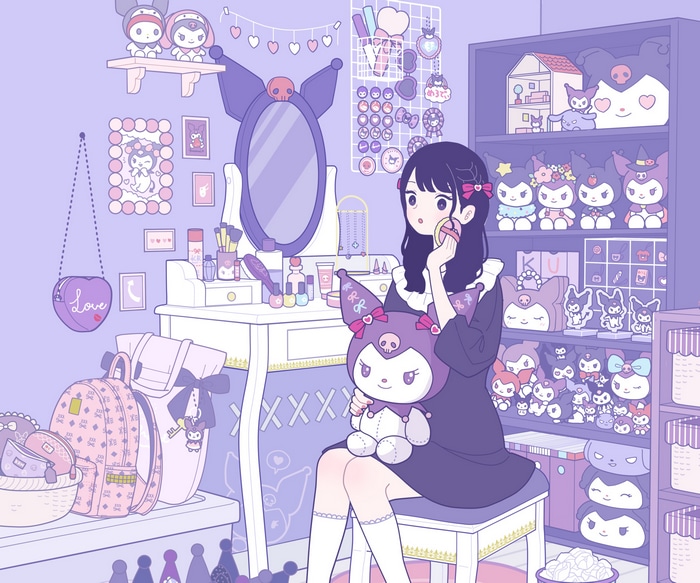 Girl with Kuromi plushies and makeup vanity