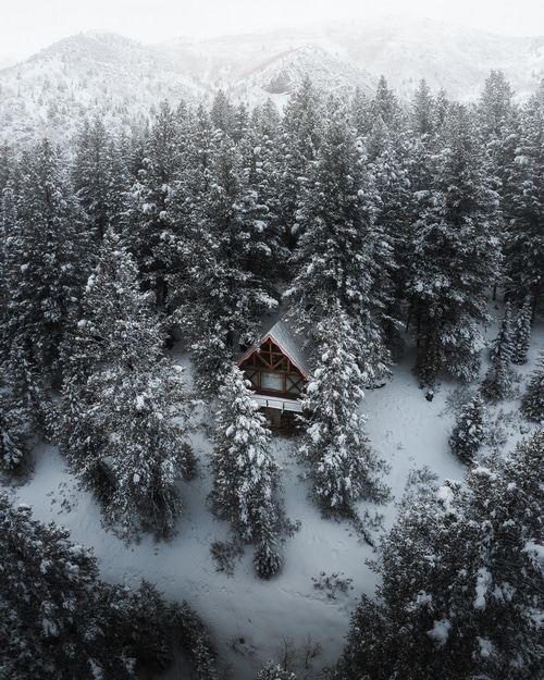 A cozy cabin nestled in a snow-covered forest