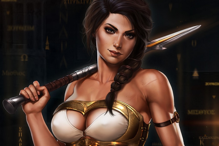 Kassandra from Assassin's Creed Odyssey with a spear