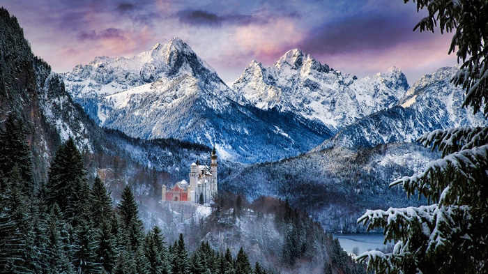 4K Neuschwanstein Castle in Winter Mountains