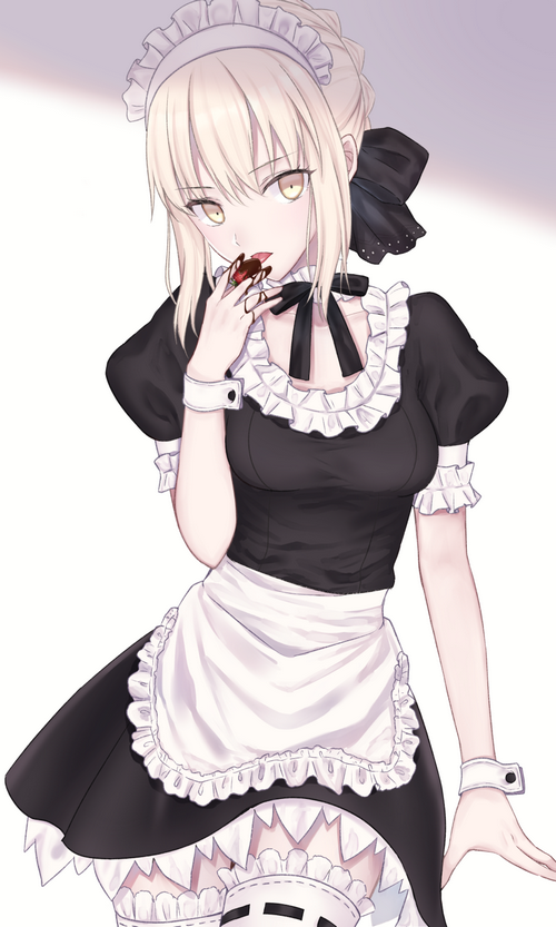 Saber Alter eating a strawberry in a maid outfit
