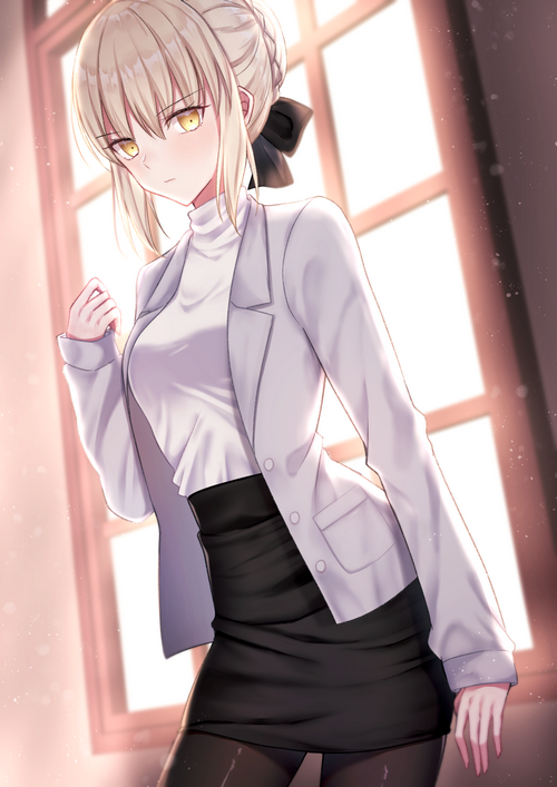 Saber Alter in a white blazer and black skirt
