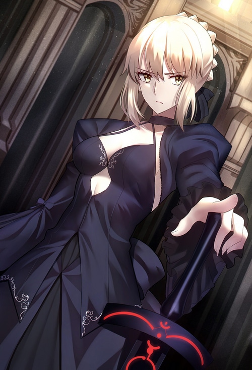 Saber Alter in a dark dress holding a sword
