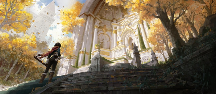 Person in red cape near white building with yellow leaves