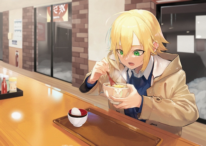 Anime girl eating ramen at a counter