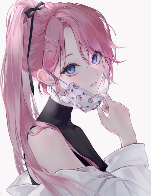 Anime girl with pink hair and blue eyes wearing a mask