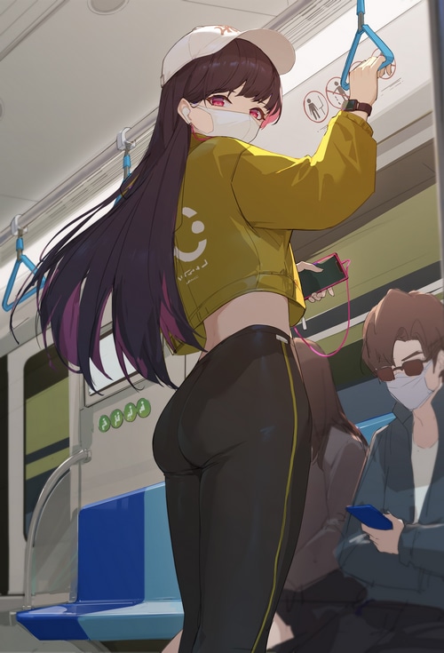 Girl with dark hair wearing a mask on a train