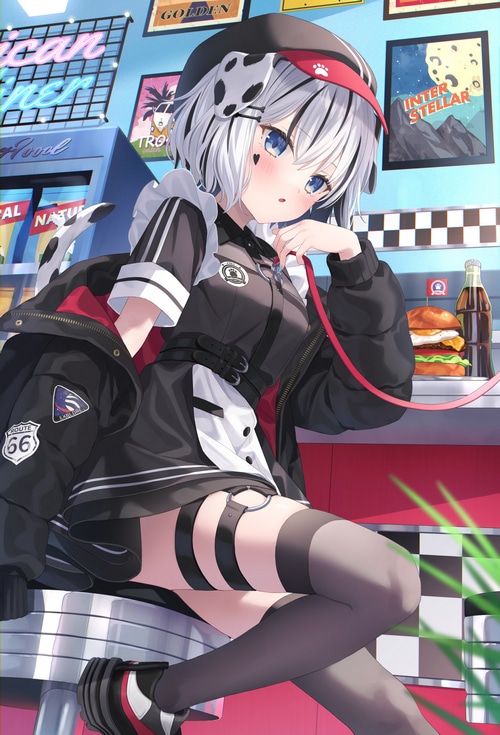 Anime girl with dalmatian spots at a diner