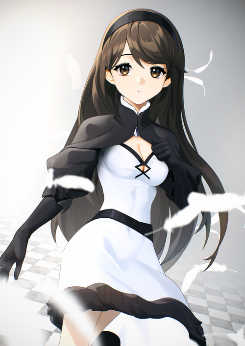 Anime girl with long brown hair and feathers