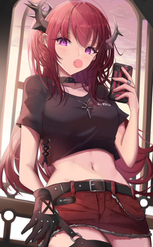 Anime girl with red hair and horns holding a phone