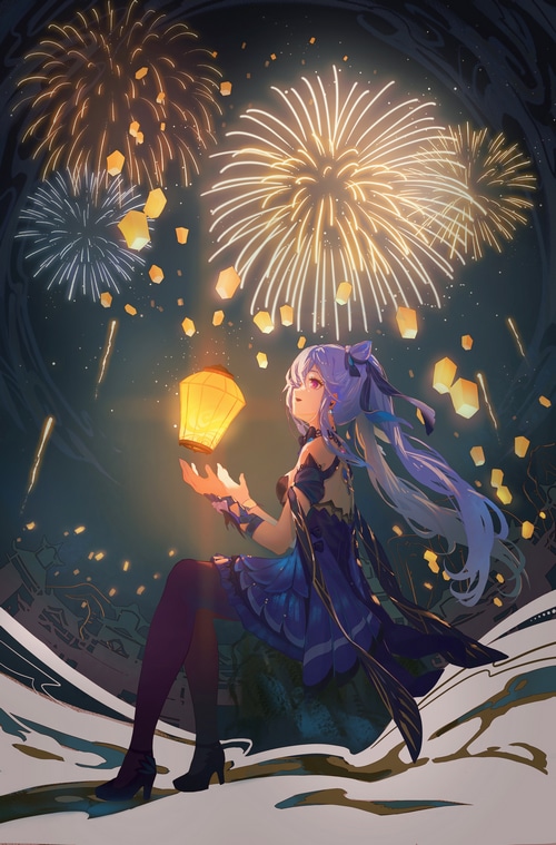 Genshin Impact Keqing with Lanterns and Fireworks