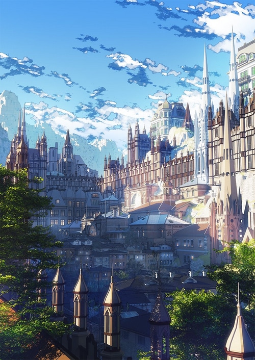 Anime city with gothic architecture and mountains