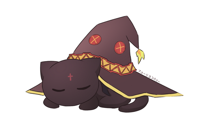 Chomusuke the cat wearing Megumin's hat from KonoSuba