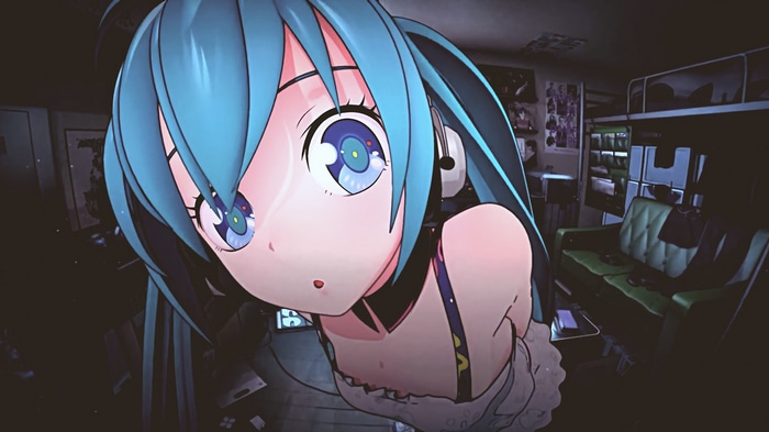Hatsune Miku in a dimly lit room