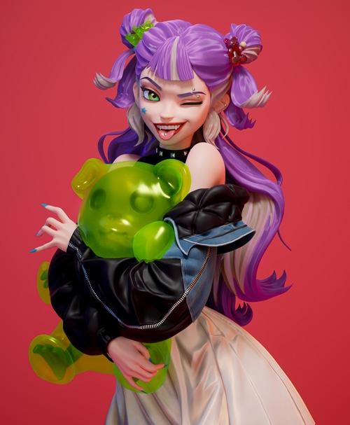 4K Anime Girl Hugging Green Teddy Bear