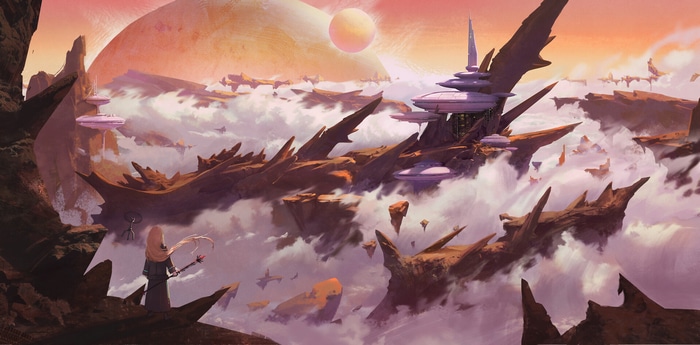 Fantasy city on floating islands with a girl in the foreground