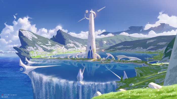 Fantasy city with a tall tower and waterfalls